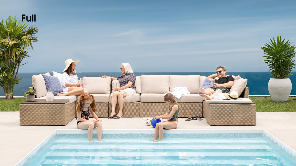 Beige Wicker / Beige Cushion::Gallery::Transformer Double Outdoors Set - Beige Wicker with Beige Fabric Cushions