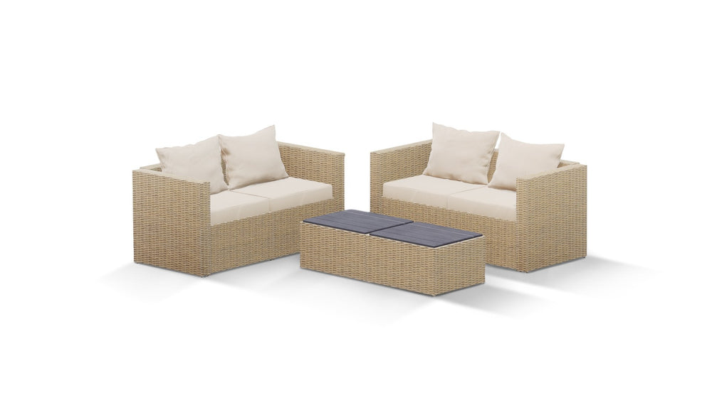 Beige Wicker / Beige Cushion::Gallery::Transformer Double Outdoors Set - Beige Wicker with Beige Fabric Cushions