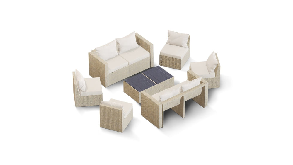 Beige Wicker / Beige Cushion::Gallery::Transformer Double Outdoors Set - Beige Wicker with Beige Fabric Cushions