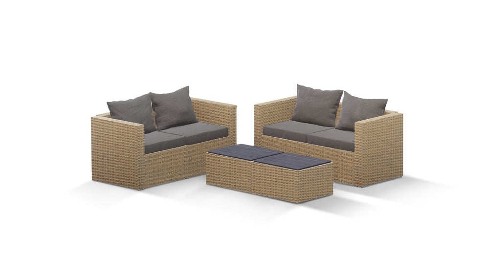 Beige Wicker / Grey Cushion::Gallery::Transformer Double Outdoors Set - Beige Wicker with Grey Fabric Cushions