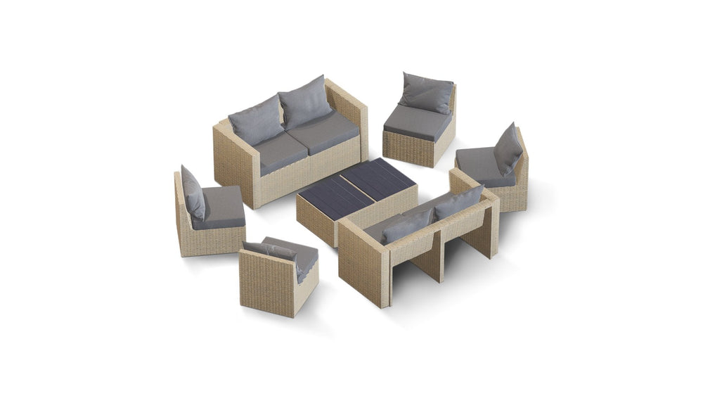 Beige Wicker / Grey Cushion::Gallery::Transformer Double Outdoors Set - Beige Wicker with Grey Fabric Cushions