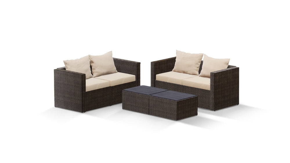 Brown Wicker / Beige Cushion::Gallery::Transformer Double Outdoors Set - Brown Wicker with Beige Fabric Cushions