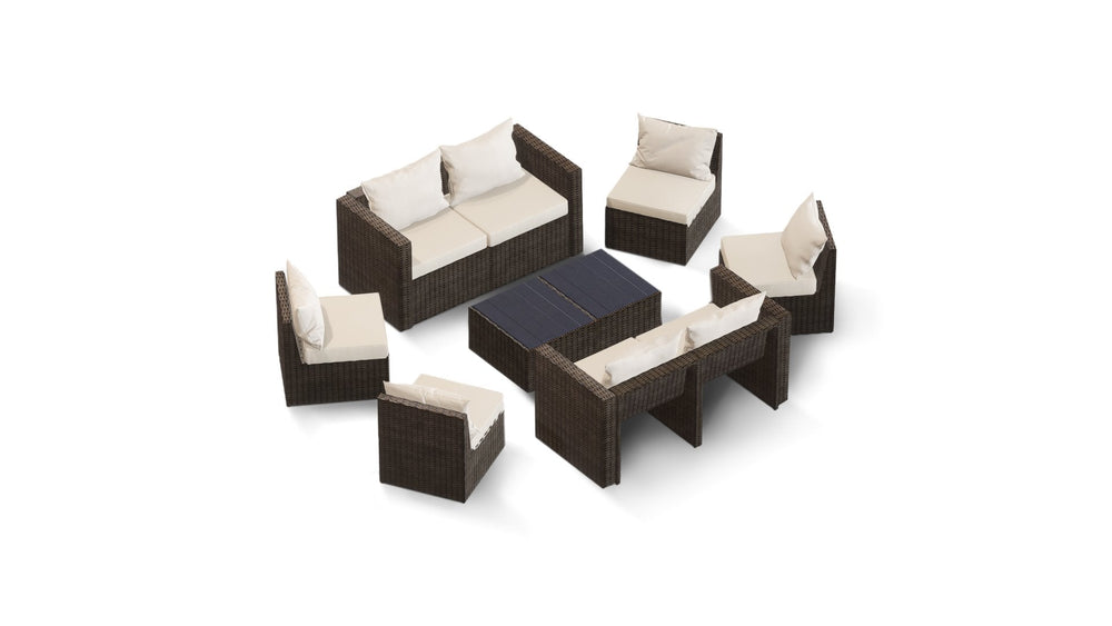 Brown Wicker / Beige Cushion::Gallery::Transformer Double Outdoors Set - Brown Wicker with Beige Fabric Cushions
