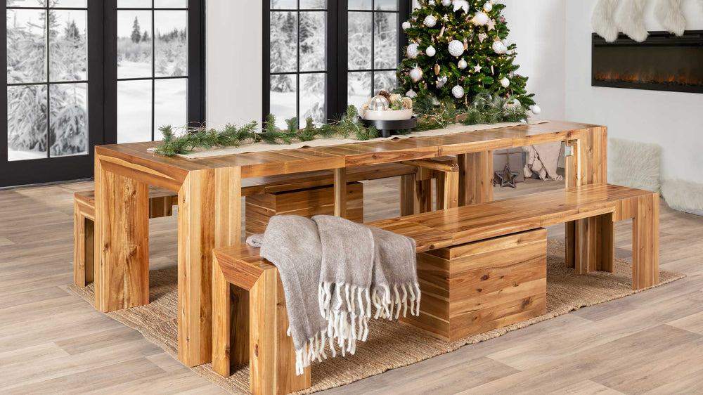 Australian Acacia::Gallery::Expanded Australian Acacia Transformer Table Full Dining Set