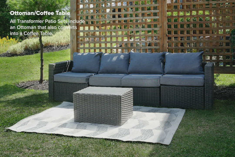 Beige Wicker / Beige Cushion::Gallery::Transformer Outdoors Set - Beige Wicker with Beige Fabric Cushions - Ottoman Coffee Table Video
