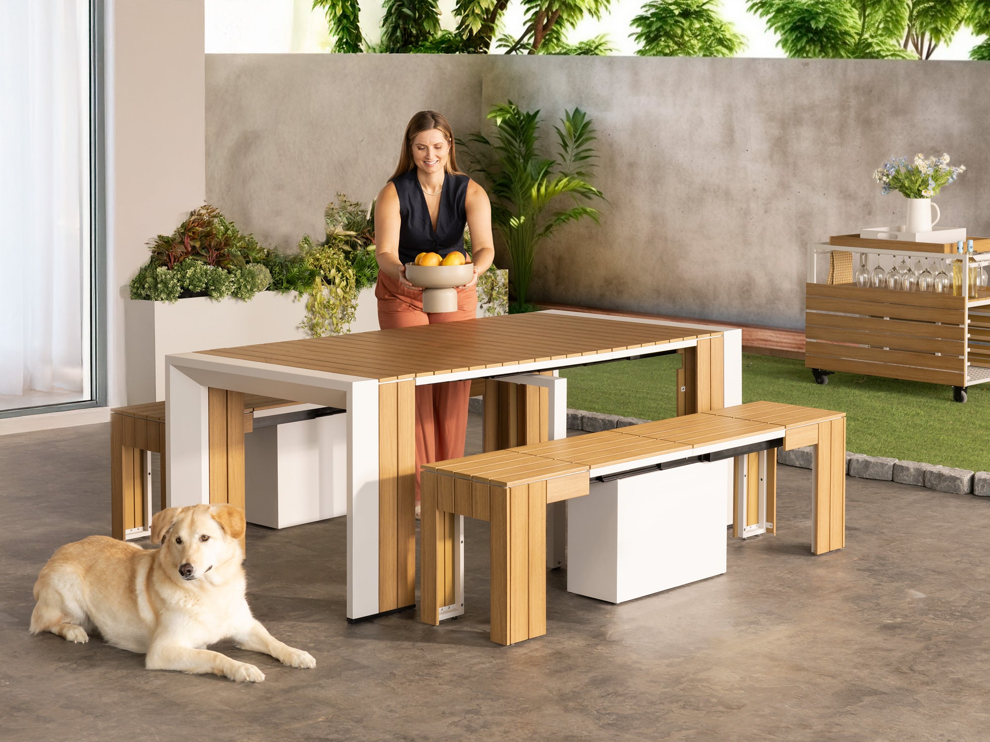 Extendable Table Set and 2 Bench Outdoor Dining Set | TT CA