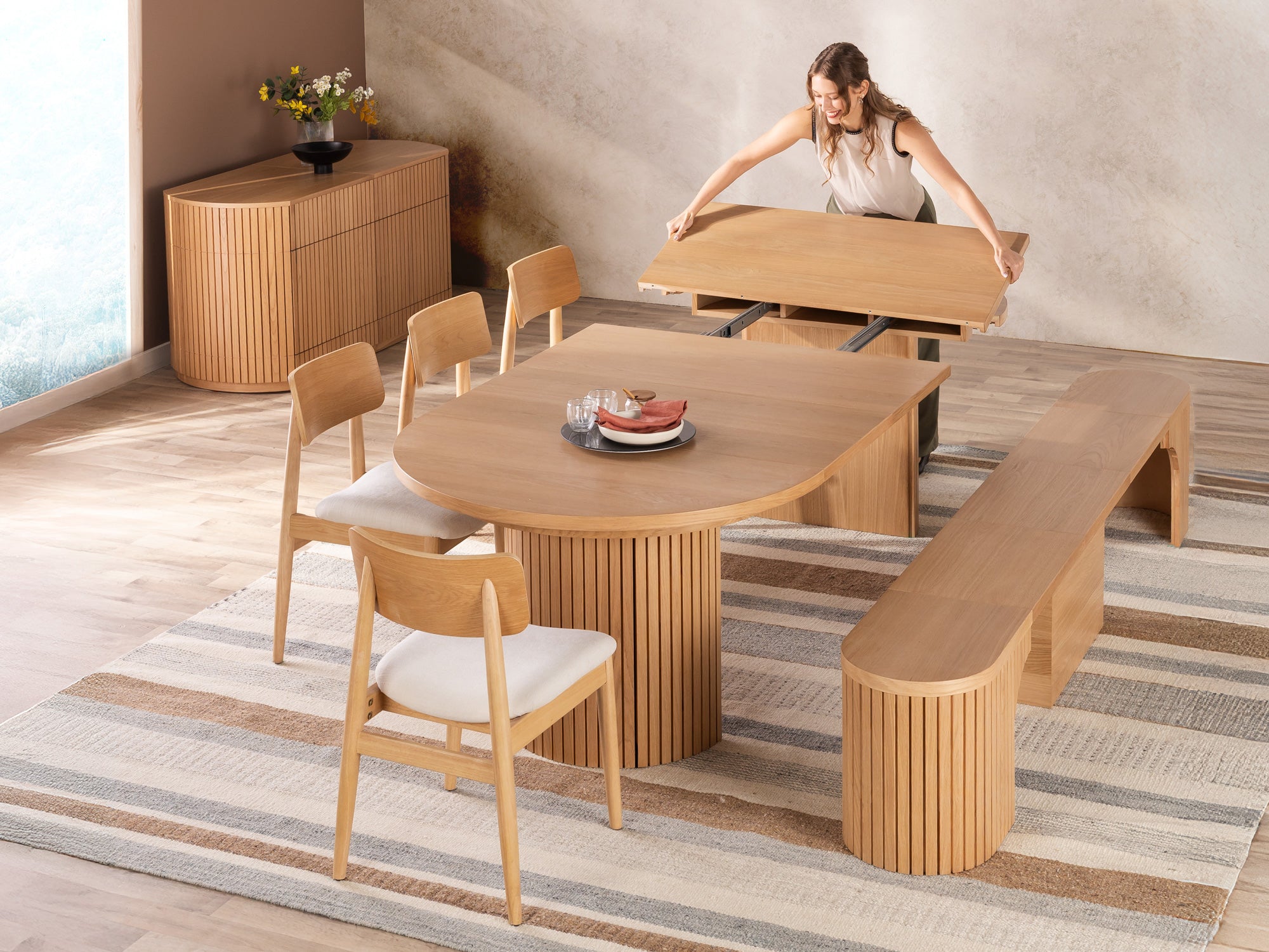 Extendable Round Table with Round Bench and Chairs | TT CA