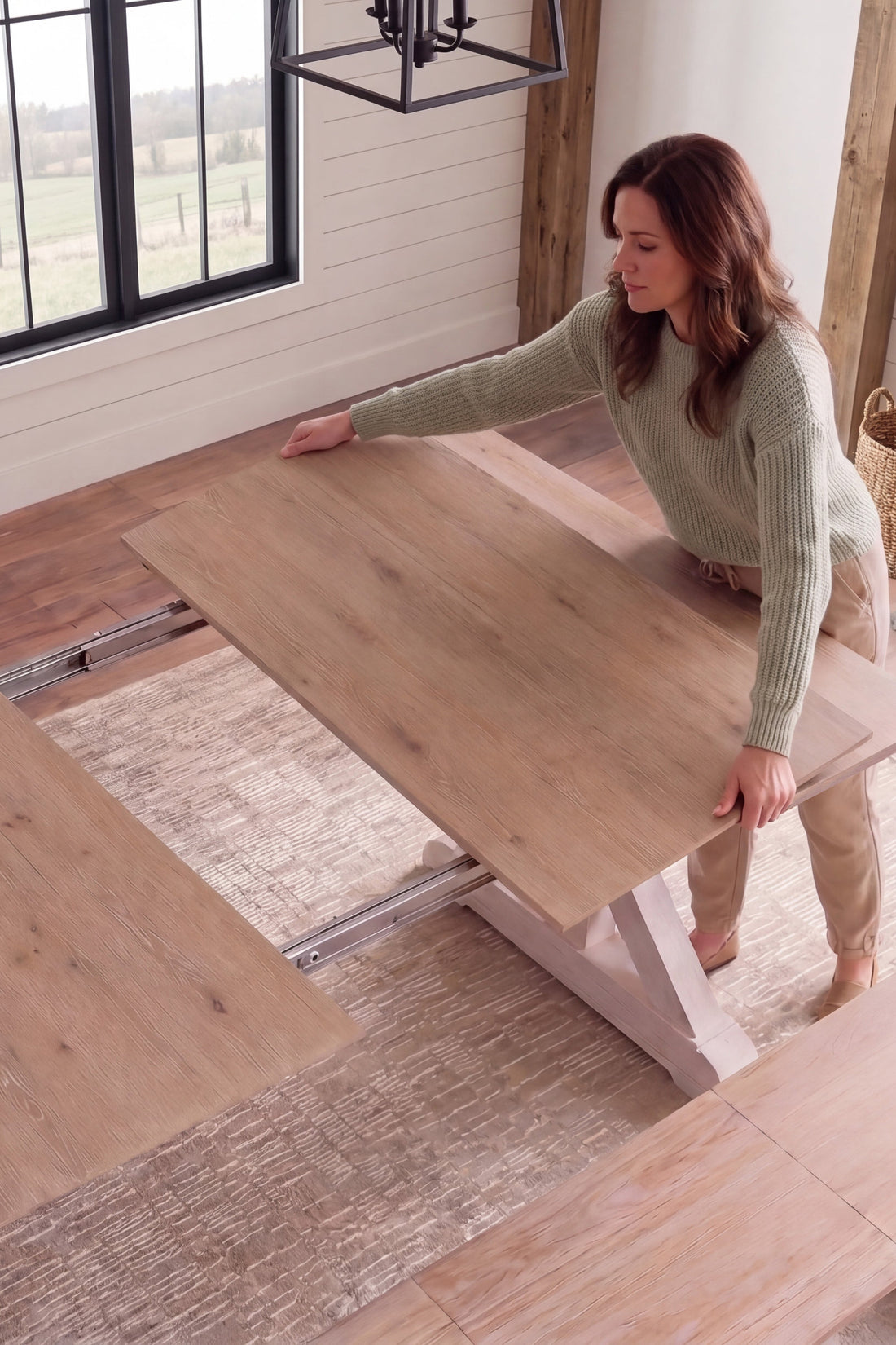 A woman in a sage green sweater and tan pants is shown lifting a belgian oak wood dining table extension panel on a sliding track system in a bright, modern farmhouse dining room.