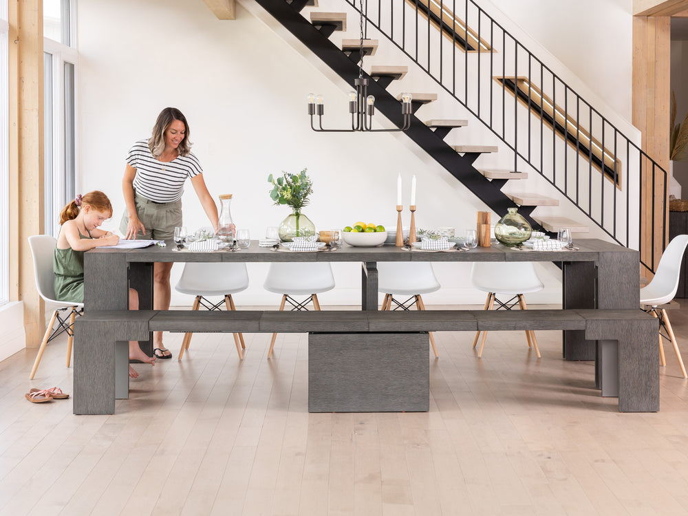 American Silver Birch::Gallery::Expanded Siberian Birch Transformer Table Shown with Bench