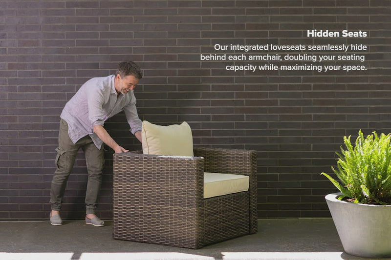 Brown Wicker / Beige Cushion::Gallery::Transformer Triple Outdoors Set - Brown Wicker with Beige Fabric Cushions - Hidden Seats Video